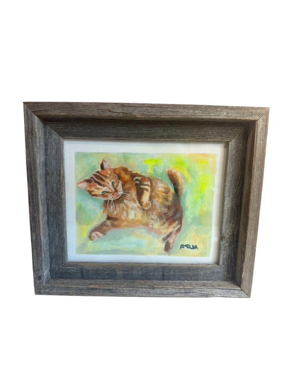 Hand-Painted Cat Art Rustic Wood Frame Orange Tabby On Green Background Signed